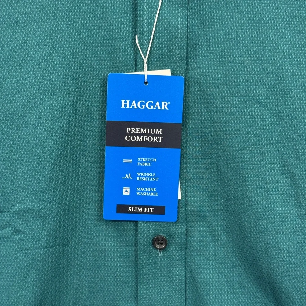 Haggar Premium Comfort Dress Shirt XXL 18-18.5 34/35 Slim Fit Dark Green Stretch